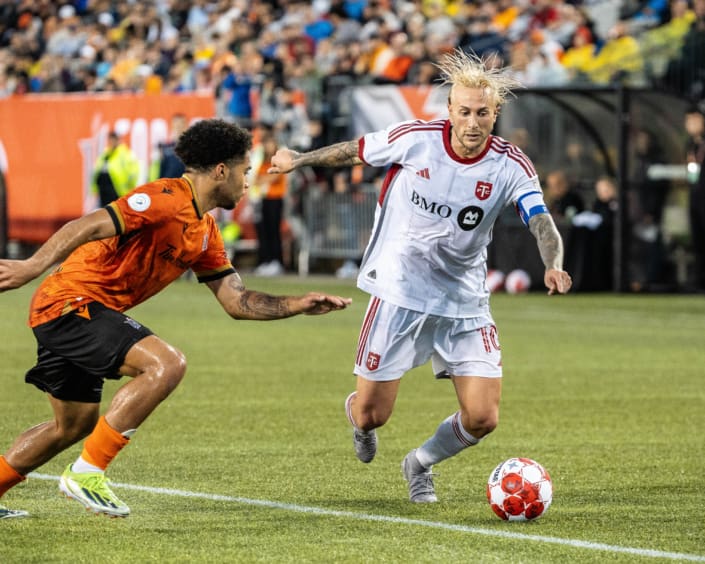 HAMILTON, ON – JUL. 10, 2024: Federico Bernardeschi of Toronto FC dribbles the ball against Forge FC during Canadian Championship semi-final action.